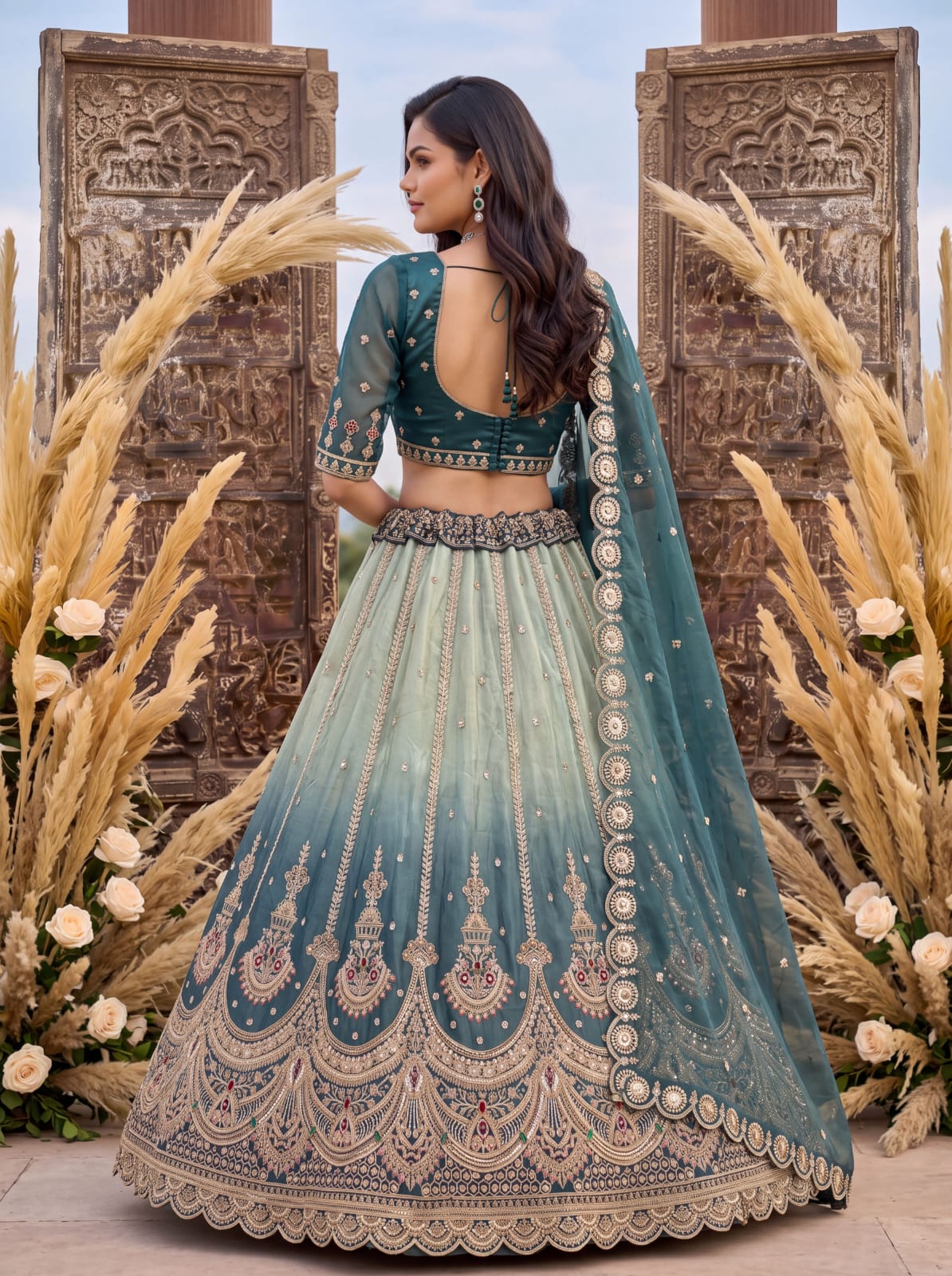 Beige Sky Pure Chandnia Silk Handwork Motif Crystal Beads Multi Thread Dori Sequins Work Bridal Lehenga Choli