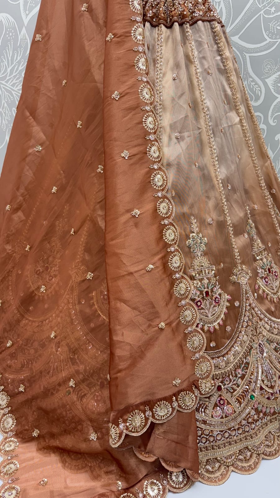 Beige Copper Pure Chandnia Silk Handwork Motif Crystal Beads Multi Thread Dori Sequins Work Bridal Lehenga Choli