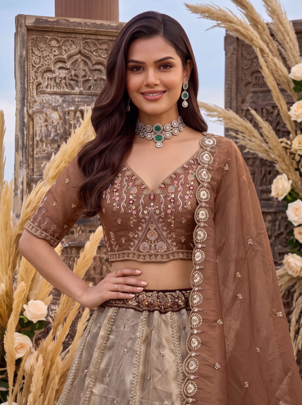 Beige Copper Pure Chandnia Silk Handwork Motif Crystal Beads Multi Thread Dori Sequins Work Bridal Lehenga Choli