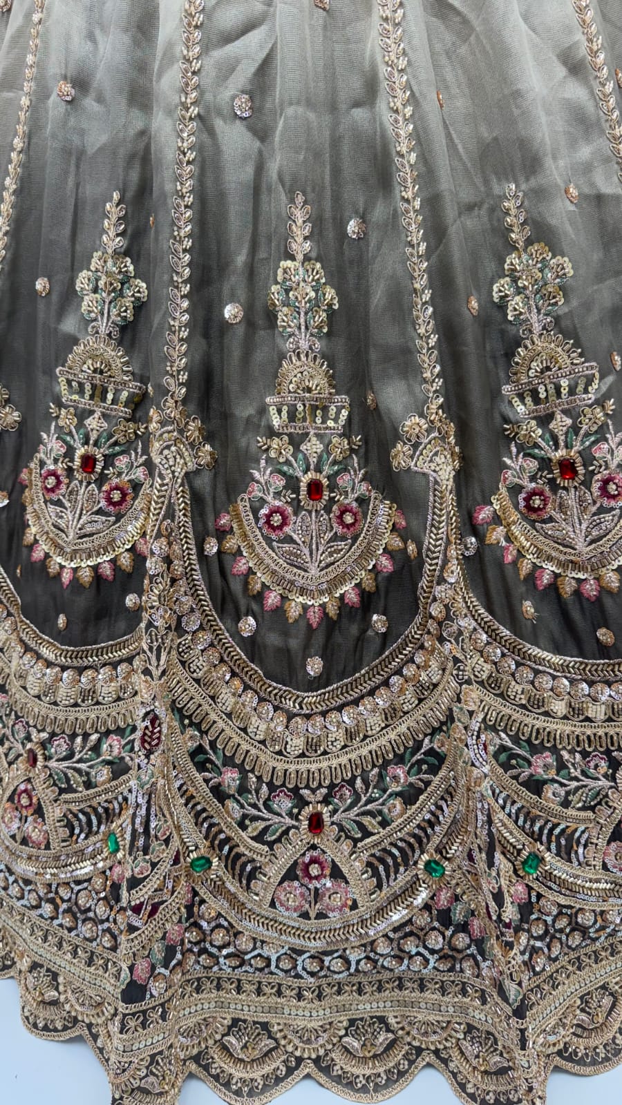 Grey Pure Chandnia Silk Handwork Motif Crystal Beads Multi Thread Dori Sequins Work Bridal Lehenga Choli