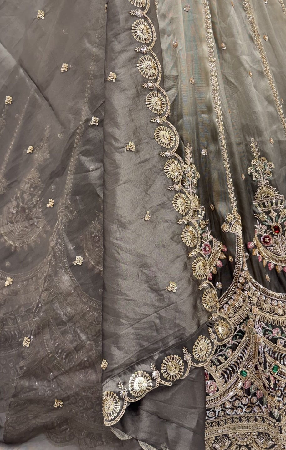 Grey Pure Chandnia Silk Handwork Motif Crystal Beads Multi Thread Dori Sequins Work Bridal Lehenga Choli