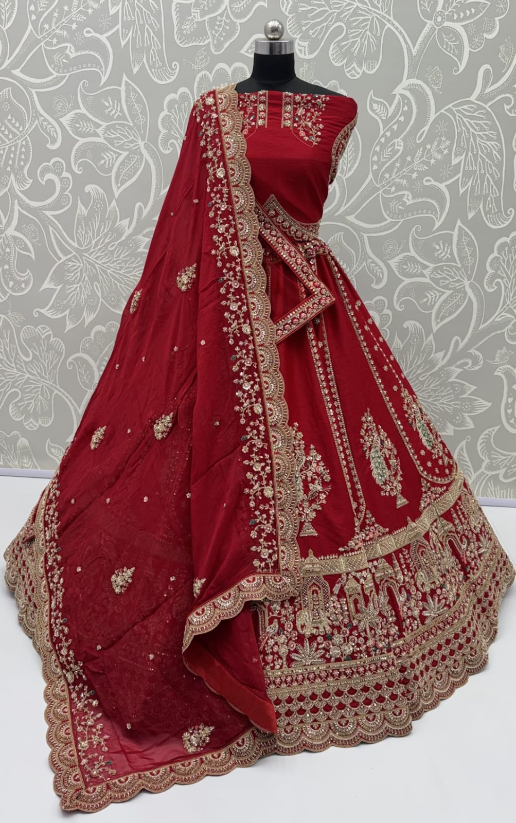 Red Pure Gadhwal Silk Peacock Pattern Handwork Motif Sequins Work Bridal Lehenga Choli