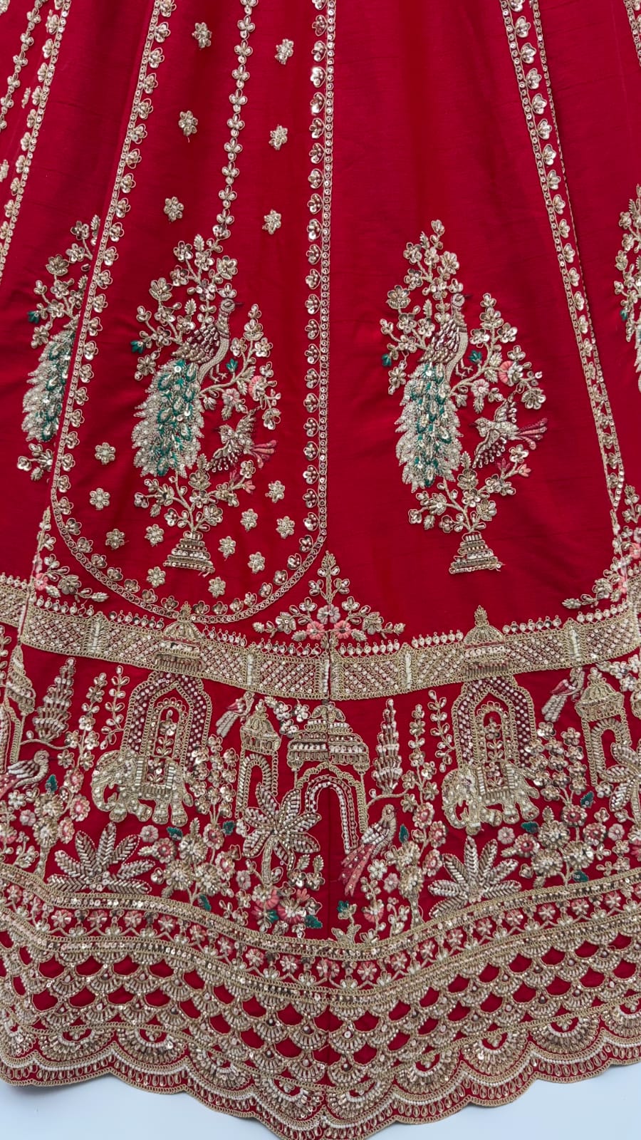 Red Pure Gadhwal Silk Peacock Pattern Handwork Motif Sequins Work Bridal Lehenga Choli