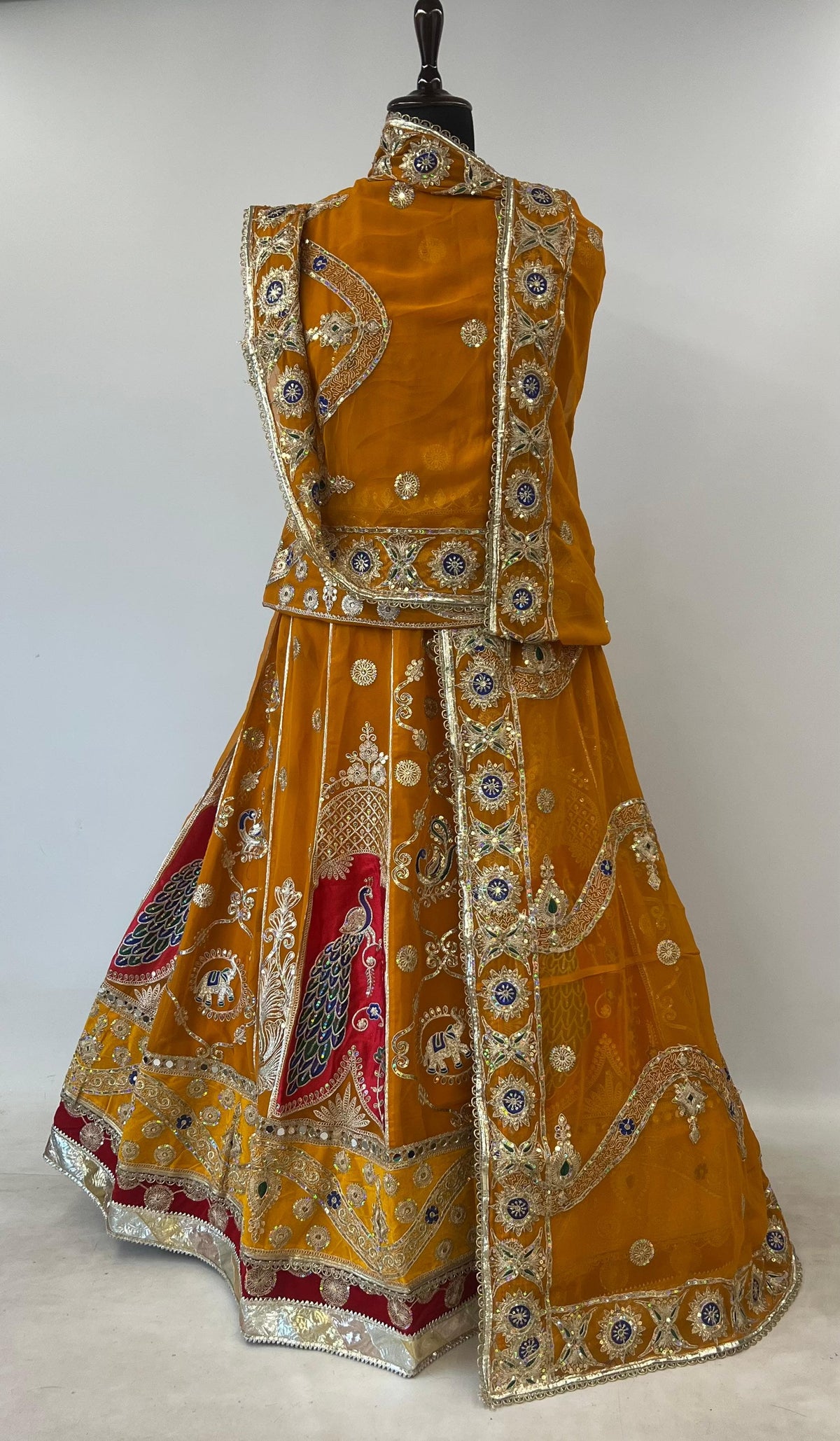 Mustard Pure Georgette 08 Mtr Flair Jaru Multi Work Rajasthani Rajwadi Rajputi Lehenga Choli