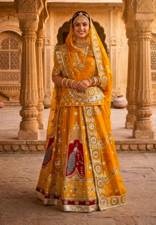 Mustard Pure Georgette 08 Mtr Flair Jaru Multi Work Rajasthani Rajwadi Rajputi Lehenga Choli
