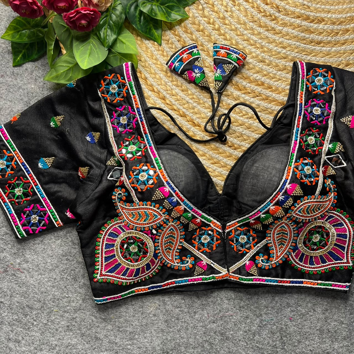 Black Pure Heavy Italian Silk Heavy Thread + Real Mirror Work Navratri Blouse