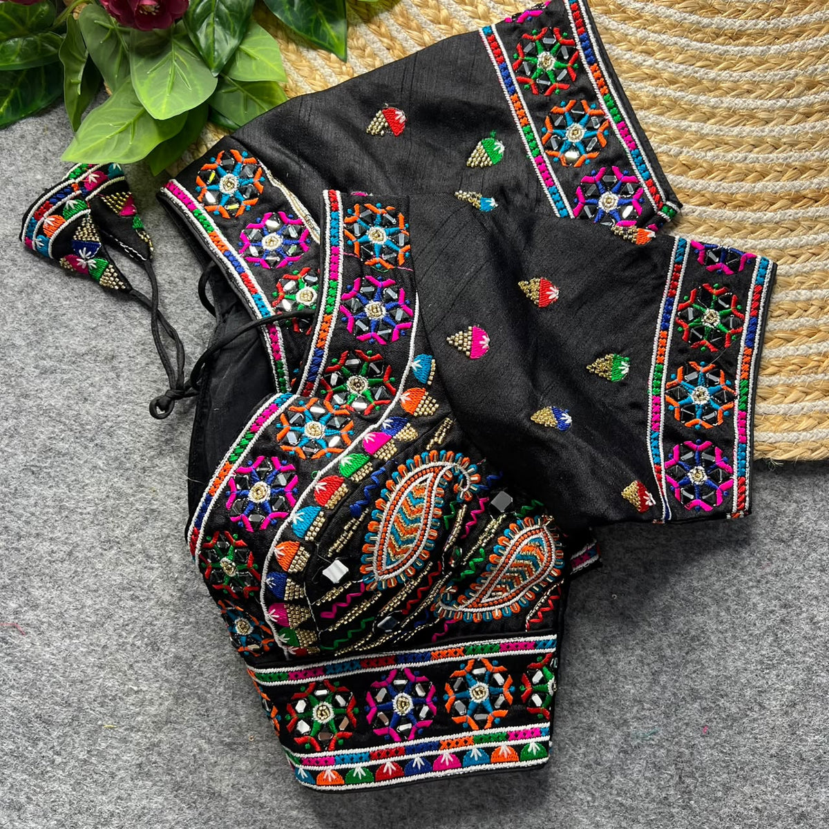 Black Pure Heavy Italian Silk Heavy Thread + Real Mirror Work Navratri Blouse