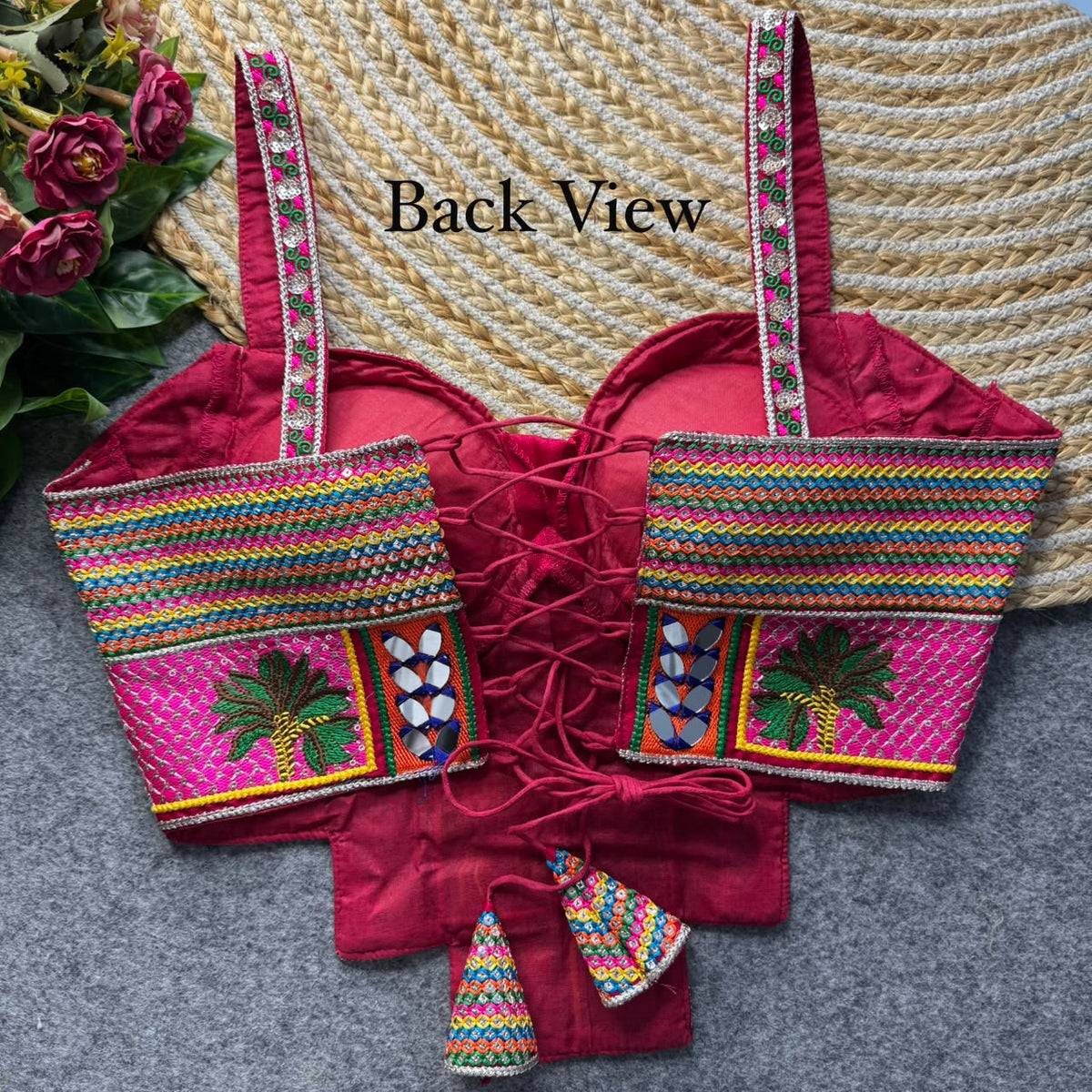 Red Pure Heavy Italian Silk Heavy Thread Real Mirror Corset Style Navratri Blouse