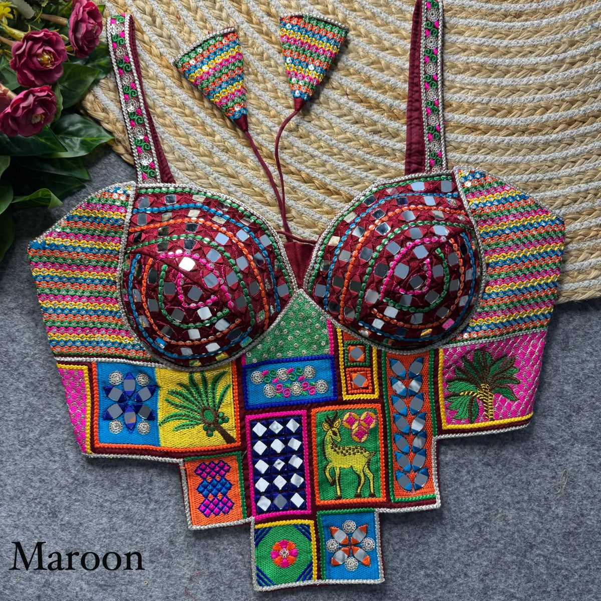 Maroon Pure Heavy Italian Silk Heavy Thread Real Mirror Corset Style Navratri Blouse