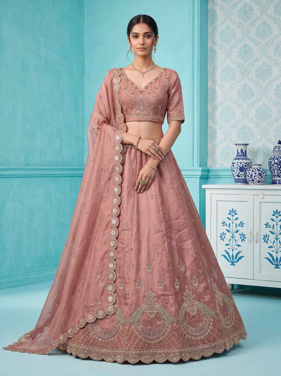 Pink Pure Chandnia Silk Handwork Motif Peacock Pattern Crystal Beads Multi Thread Dori & Sequins Work Bridal Lehenga Choli