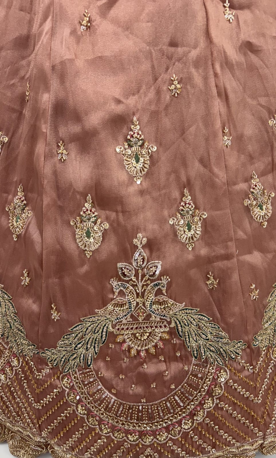 Pink Pure Chandnia Silk Handwork Motif Peacock Pattern Crystal Beads Multi Thread Dori & Sequins Work Bridal Lehenga Choli