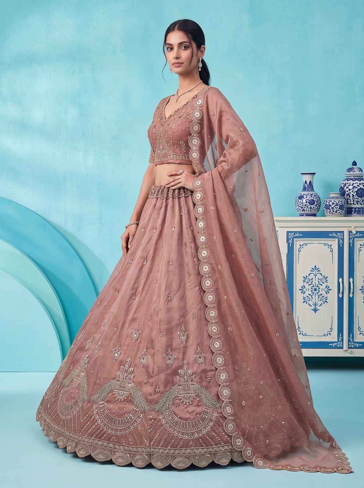 Pink Pure Chandnia Silk Handwork Motif Peacock Pattern Crystal Beads Multi Thread Dori & Sequins Work Bridal Lehenga Choli