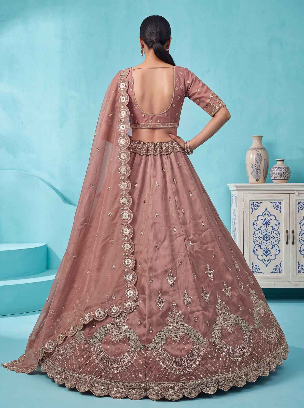 Pink Pure Chandnia Silk Handwork Motif Peacock Pattern Crystal Beads Multi Thread Dori & Sequins Work Bridal Lehenga Choli
