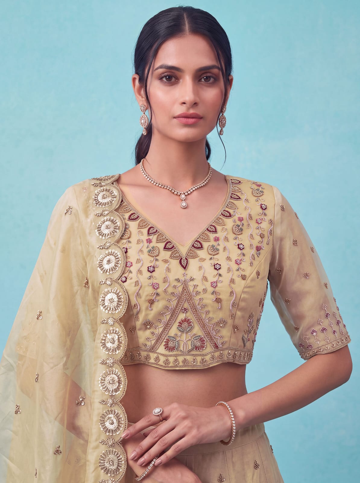 Off White Pure Chandnia Silk Handwork Motif Peacock Pattern Crystal Beads Multi Thread Dori & Sequins Work Bridal Lehenga Choli