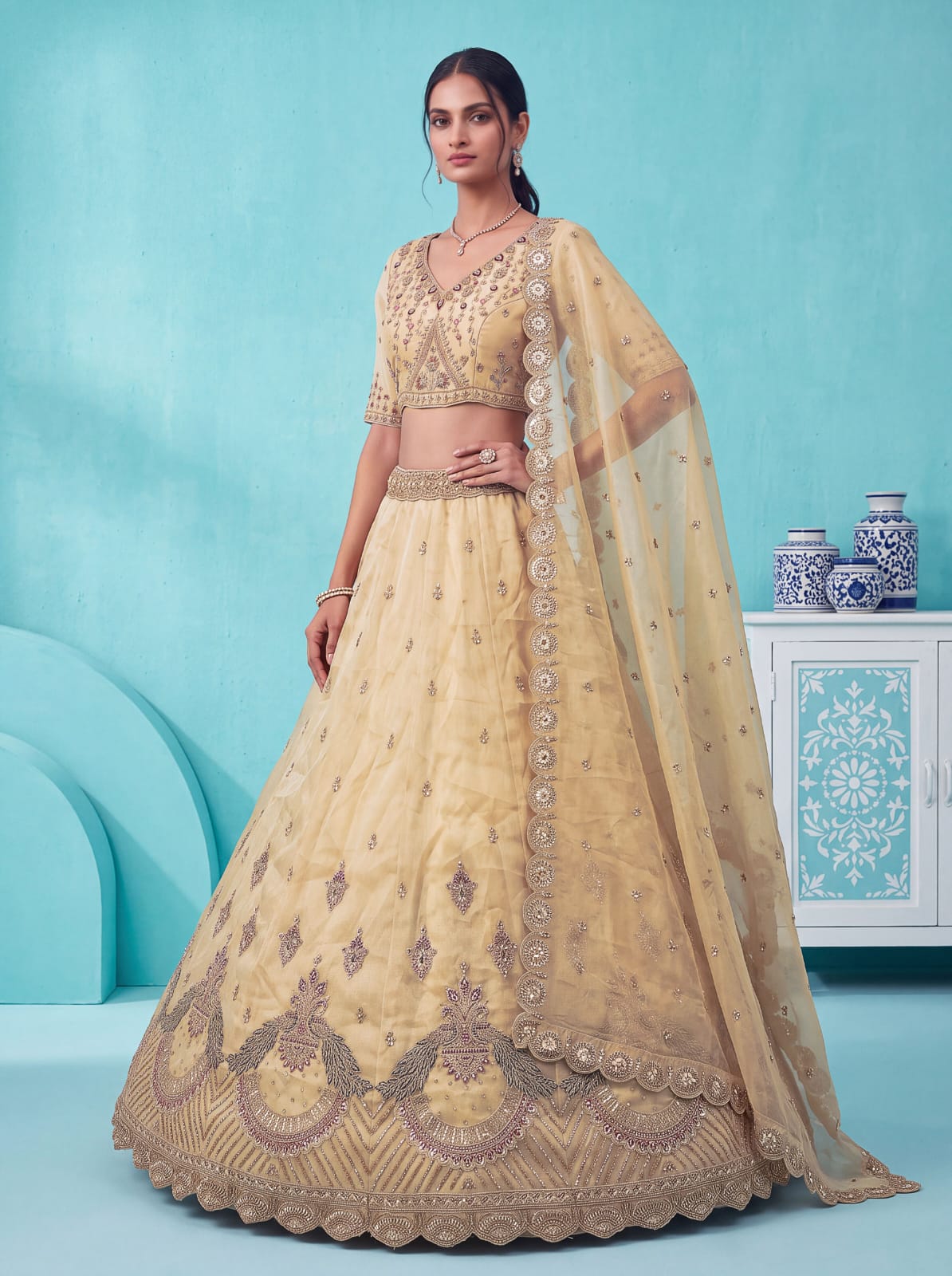 Off White Pure Chandnia Silk Handwork Motif Peacock Pattern Crystal Beads Multi Thread Dori & Sequins Work Bridal Lehenga Choli