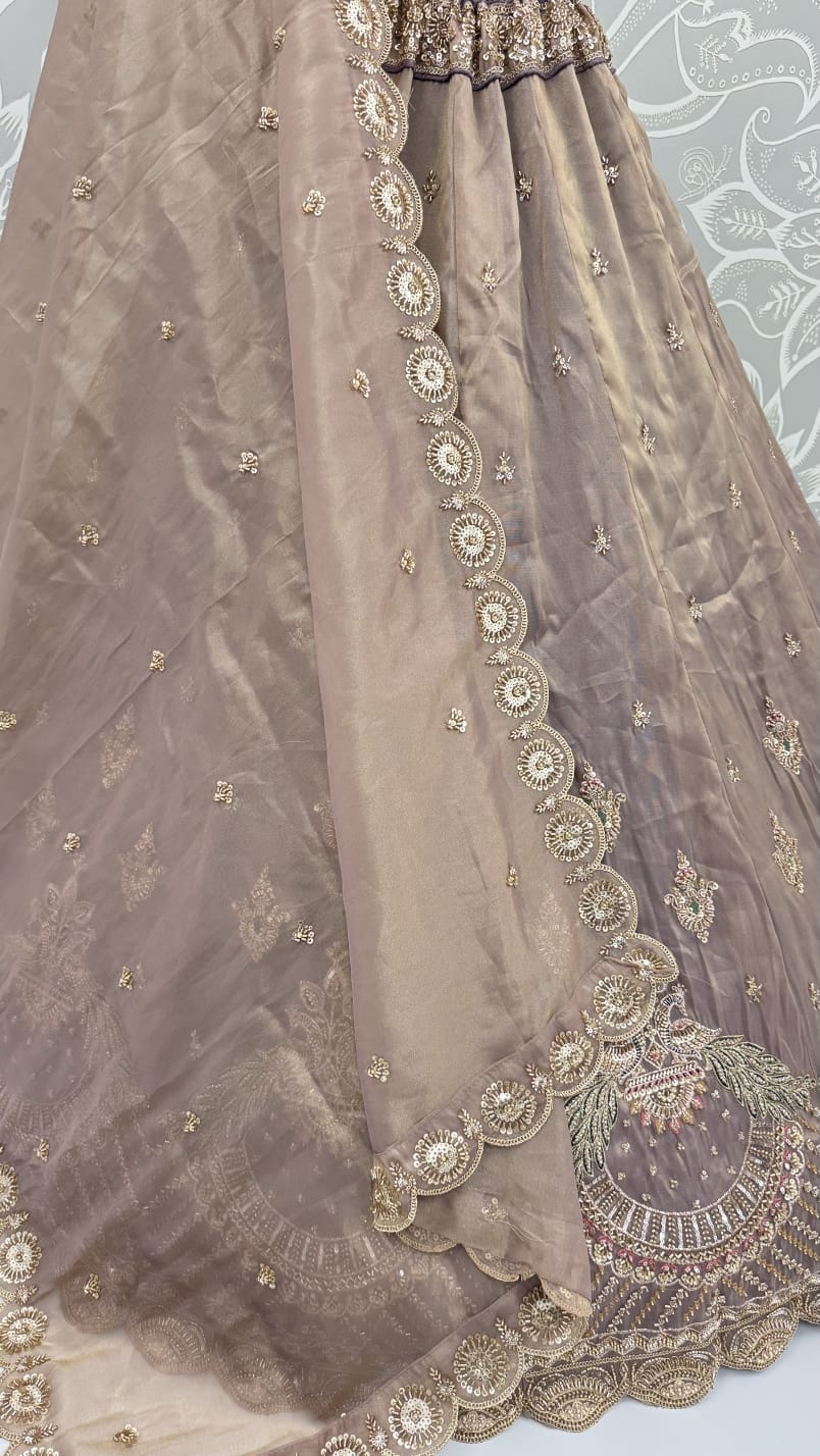 Cadet Pure Chandnia Silk Handwork Motif Peacock Pattern Crystal Beads Multi Thread Dori & Sequins Work Bridal Lehenga Choli