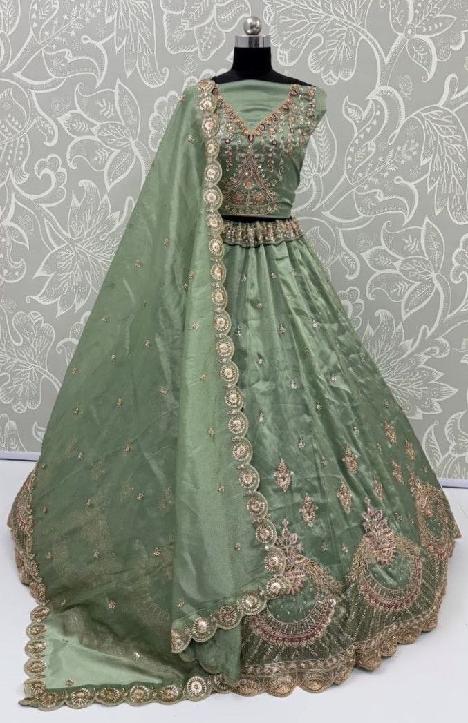 Pista Pure Chandnia Silk Handwork Motif Peacock Pattern Crystal Beads Multi Thread Dori & Sequins Work Bridal Lehenga Choli
