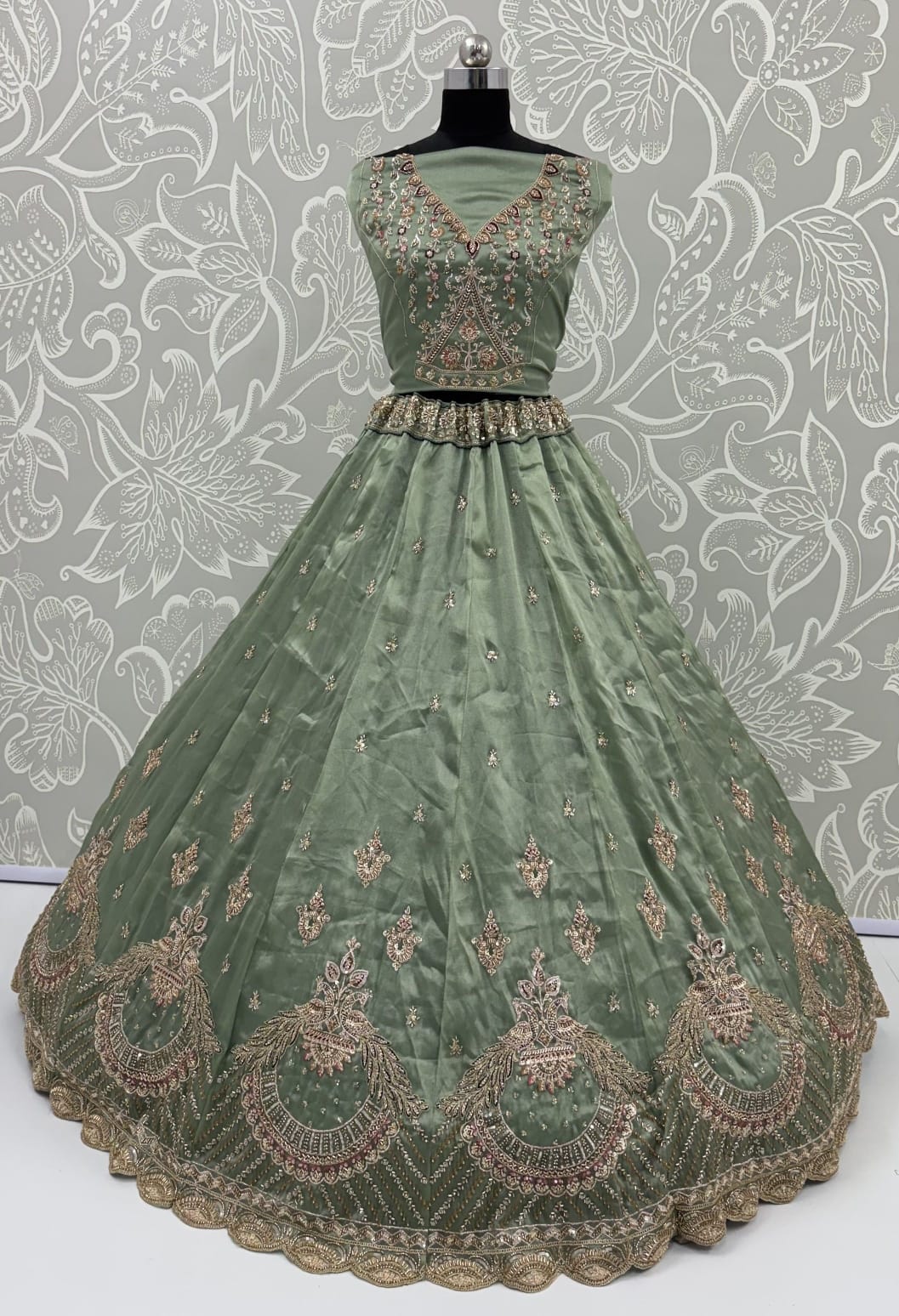 Pista Pure Chandnia Silk Handwork Motif Peacock Pattern Crystal Beads Multi Thread Dori & Sequins Work Bridal Lehenga Choli