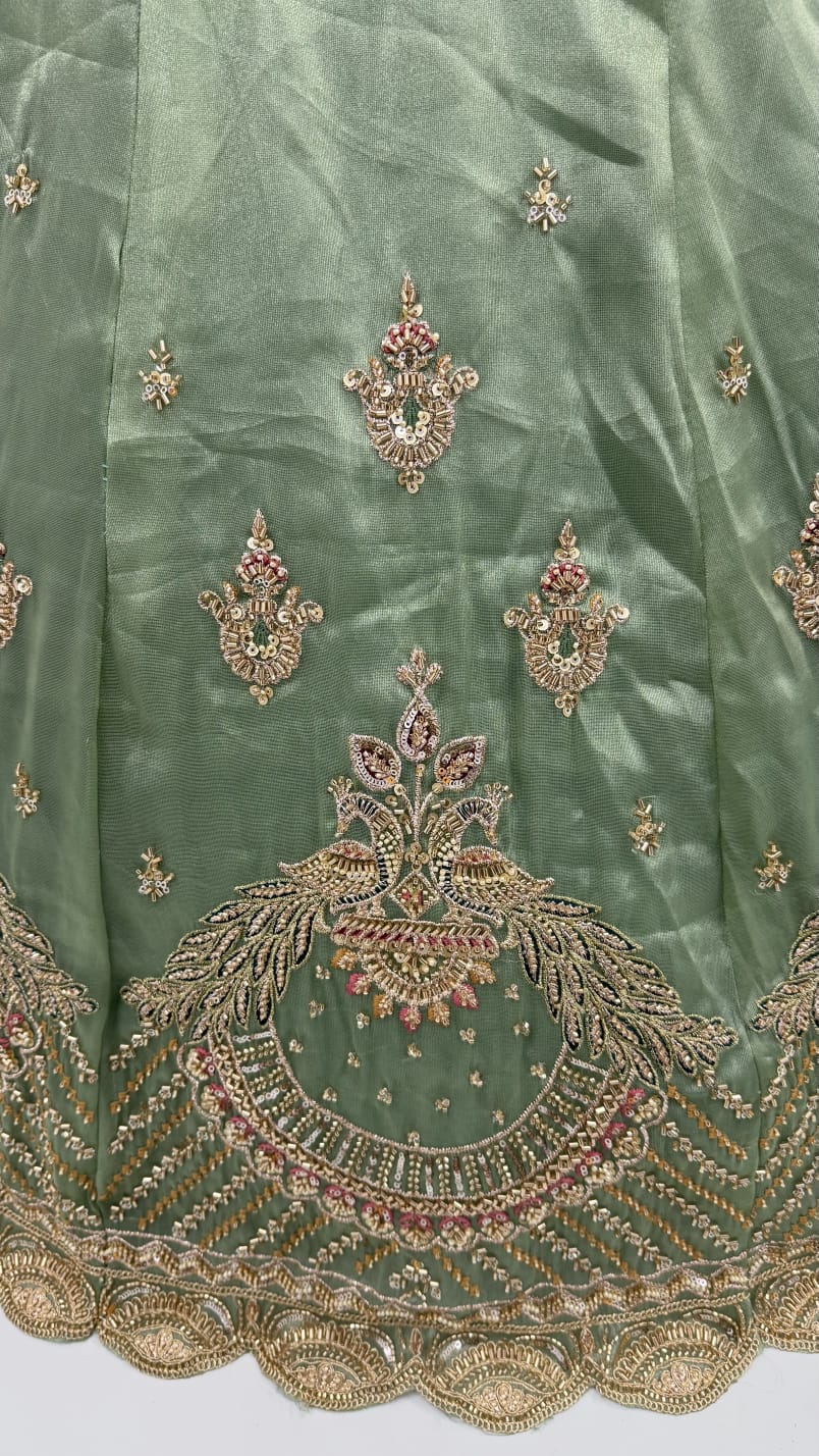 Pista Pure Chandnia Silk Handwork Motif Peacock Pattern Crystal Beads Multi Thread Dori & Sequins Work Bridal Lehenga Choli