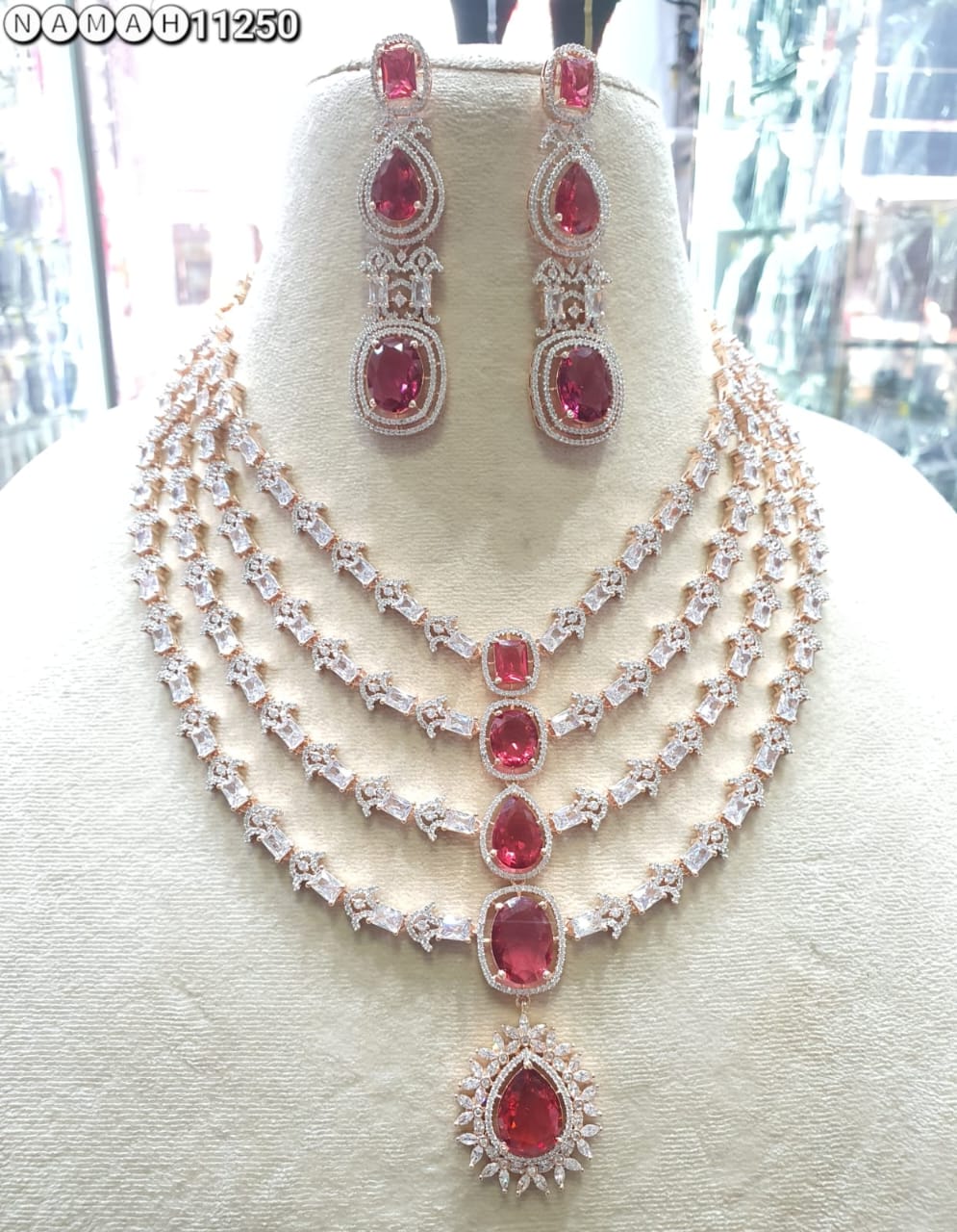 Red American Diamond Design Necklace Jewellery Set