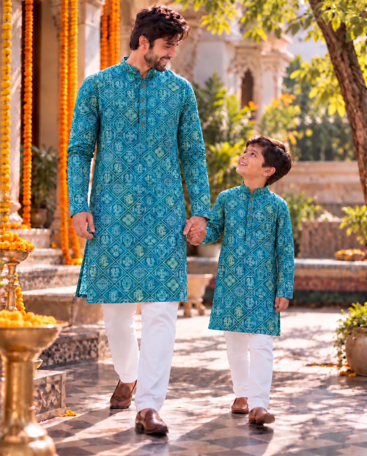 Sky Pure Soft Cotton Printed Kurta Pajama Father & Son Matching Combo Set