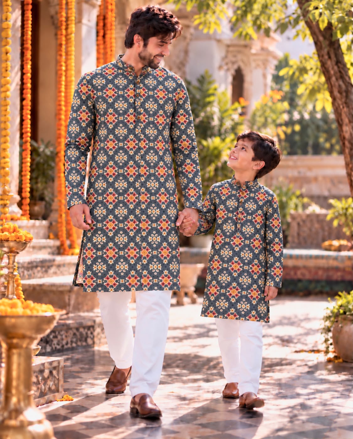 Gray Pure Soft Cotton Printed Kurta Pajama Father & Son Matching Combo Set