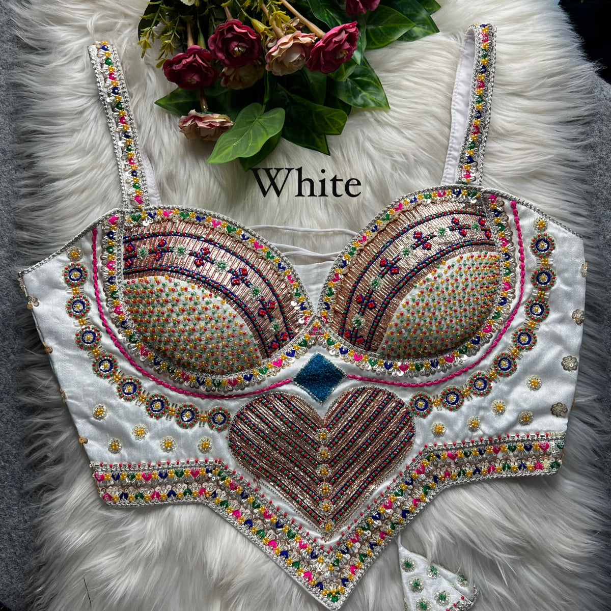 White Pure Heavy Italian Silk Heavy Thread Real Mirror Corset Style Navratri Blouse