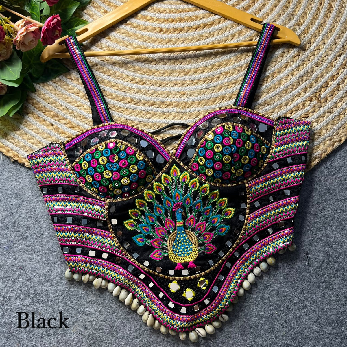 Black Pure Heavy Italian Silk Heavy Thread Real Mirror Corset Style Navratri Blouse