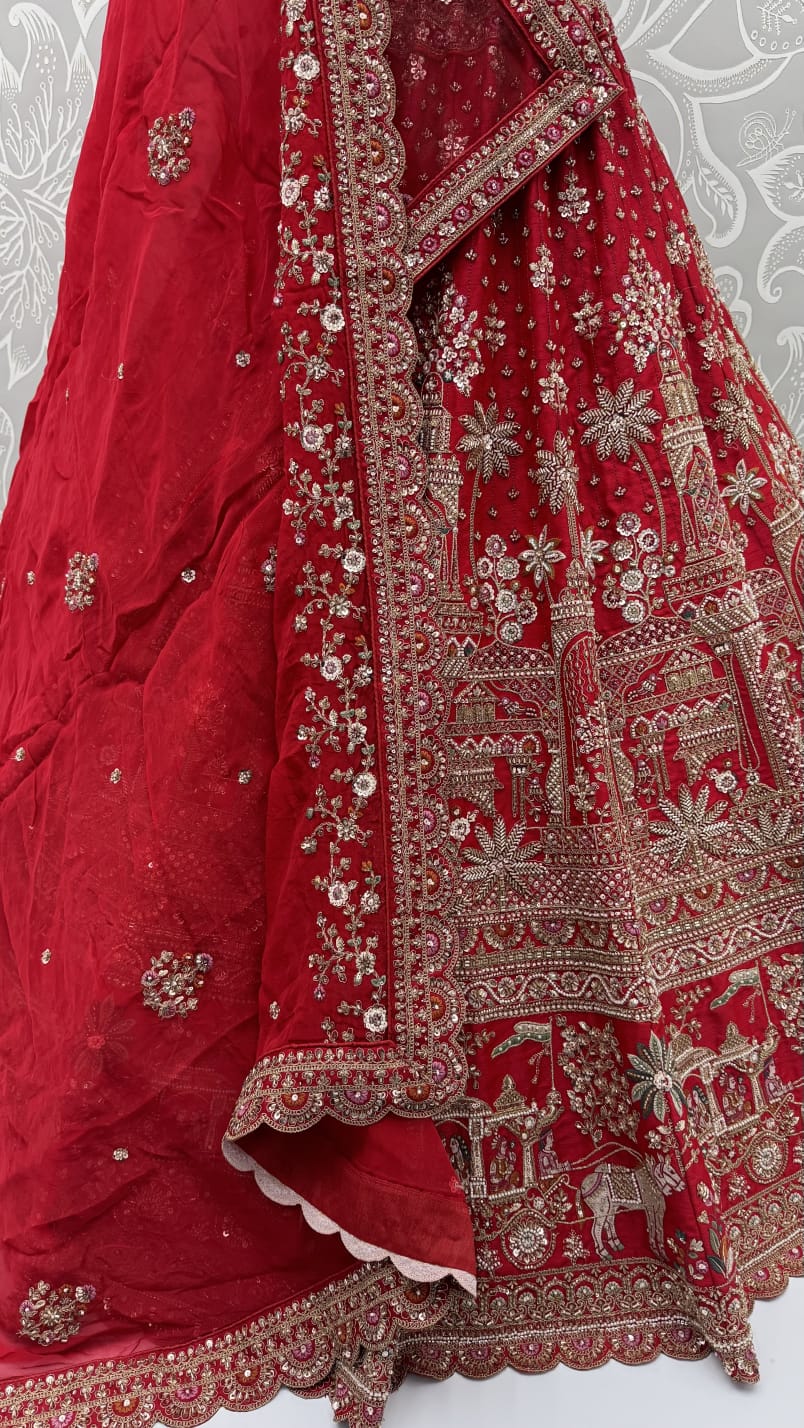 Red Pure Premium Gadhwal Silk Peacock & Giraffe Thread & Zari Handwork Crystal Motif
Sequins Work Bridal Lehenga Choli