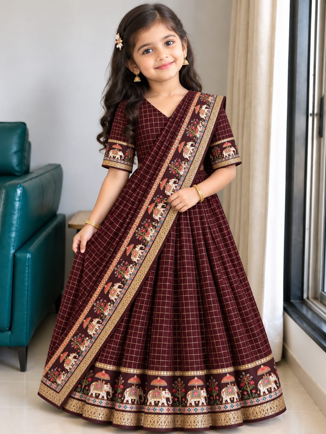 Brown Pure Heavy Viscose Georgette With Zari Chex Kid&