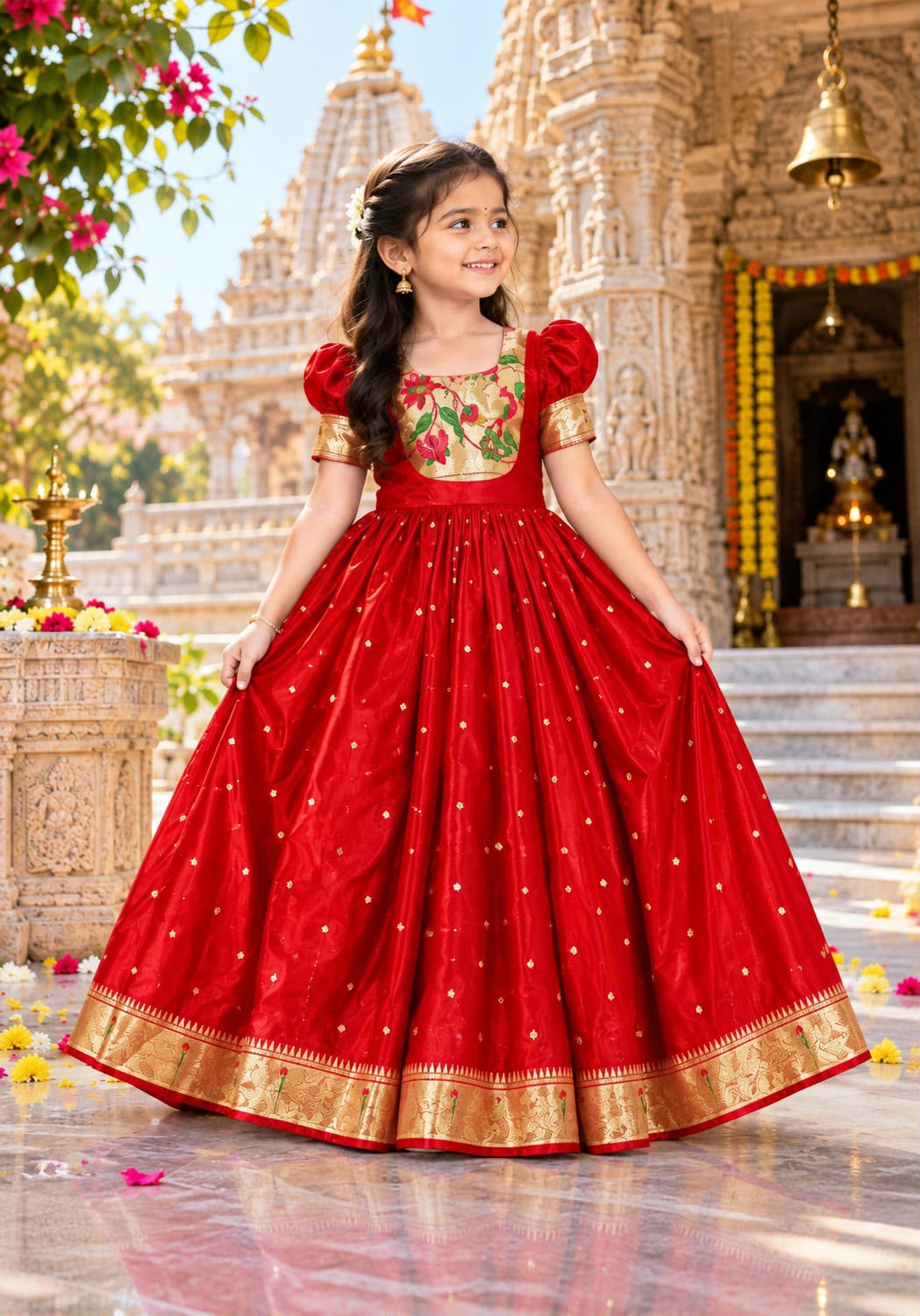 Red Pure Heavy Lichi Silk Body Zari Weaving Work Kid&