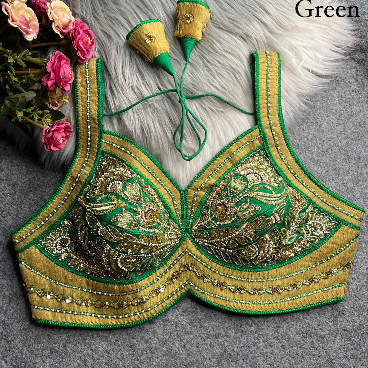 Green Pure Heavy Italian Silk Heavy Thread Real Mirror Corset Style Navratri Blouse