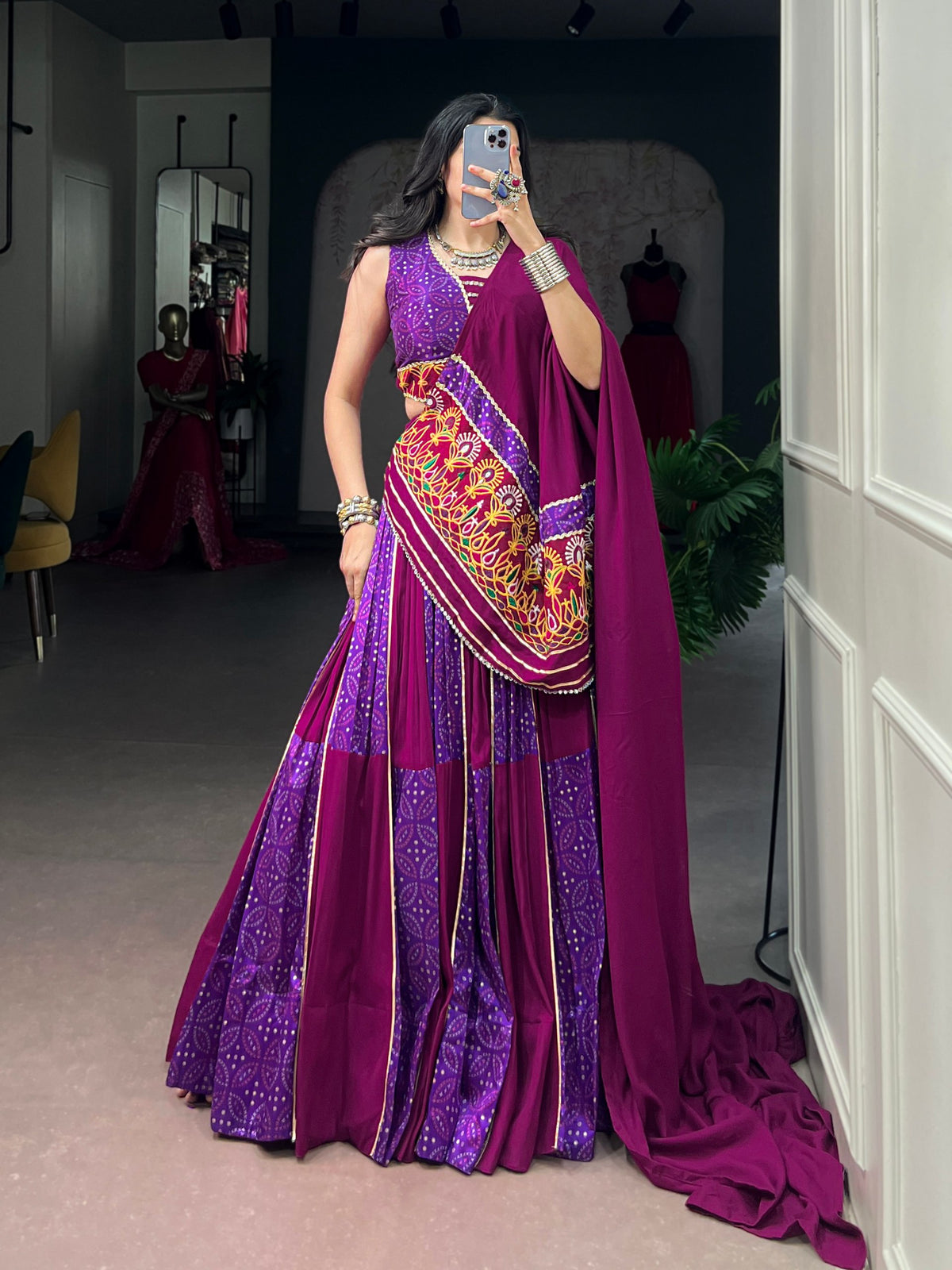 Multi Pure Rayon Tasar Silk With Mirror Work Chaniya Choli