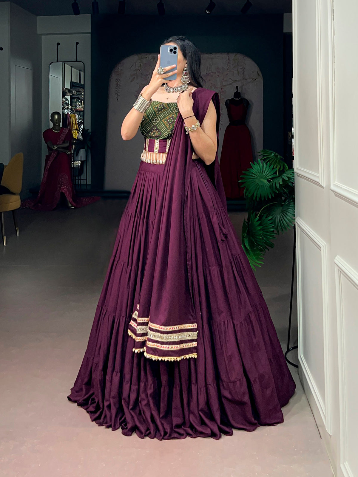 Wine Pure Reyon Cotton Bandhej Print Navratri Lehenga Choli