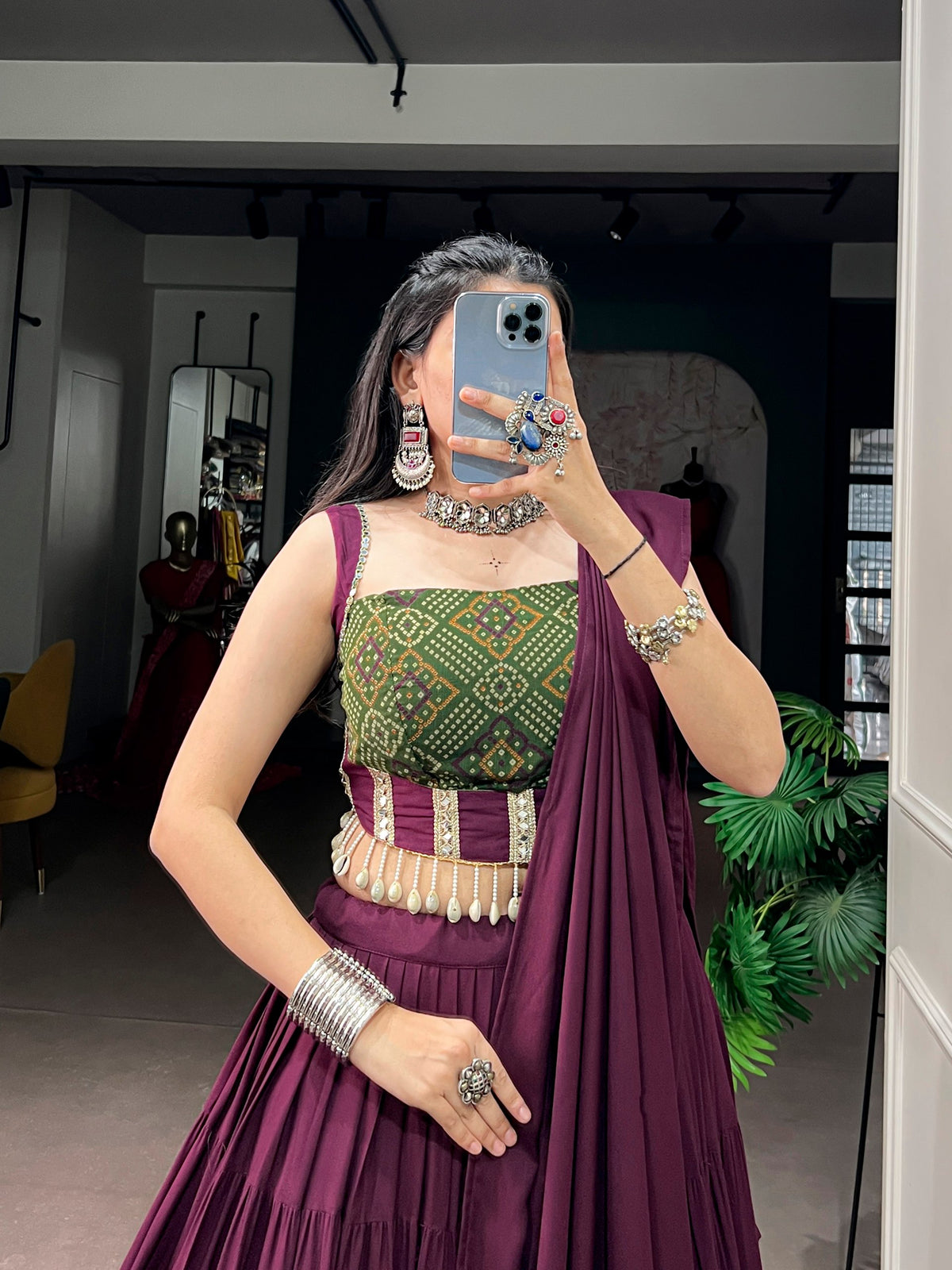 Wine Pure Reyon Cotton Bandhej Print Navratri Lehenga Choli