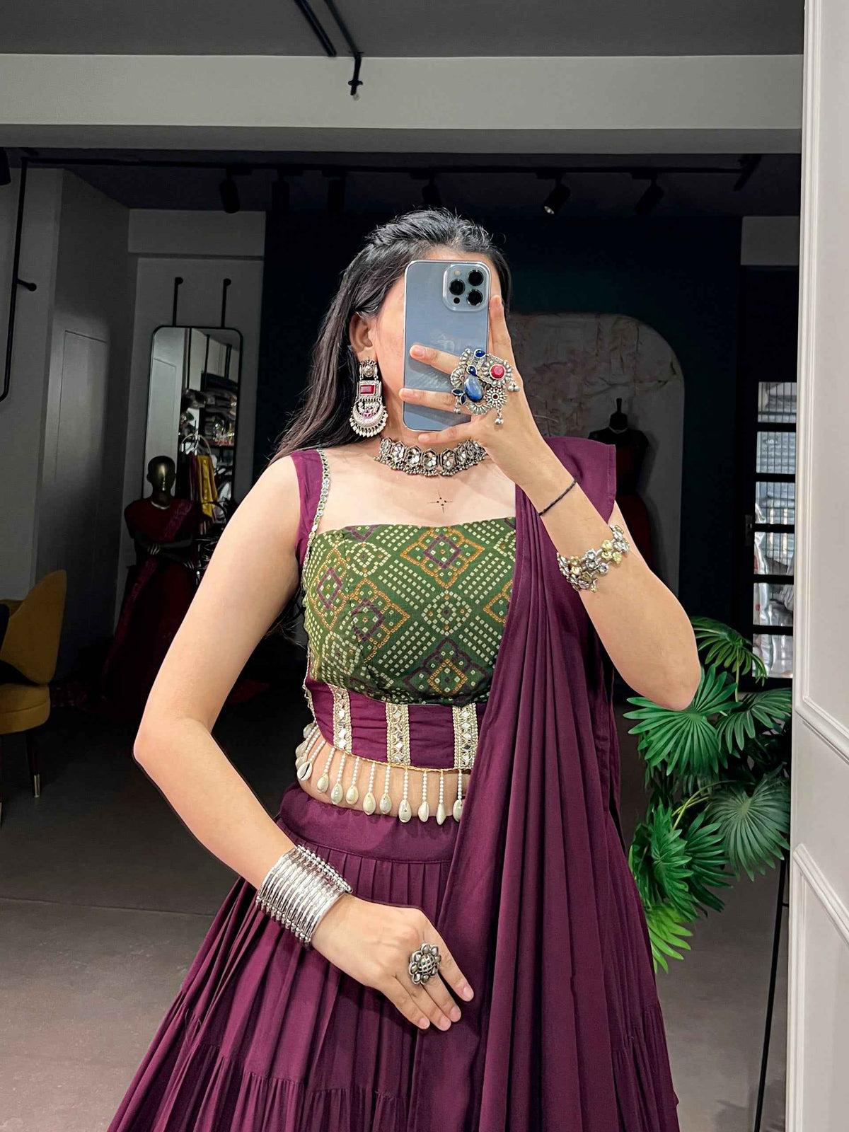 Wine Pure Reyon Cotton Bandhej Print Navratri Lehenga Choli