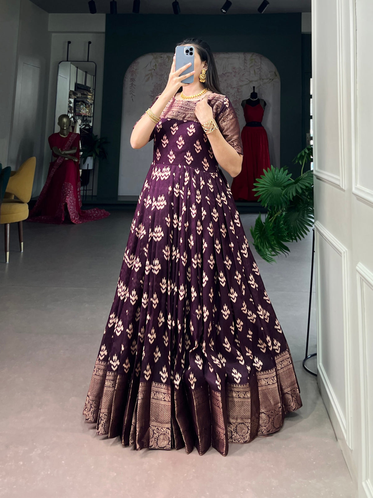 Wine Pure Kota Chex Zari Weaving Work Long Anarkali Gown