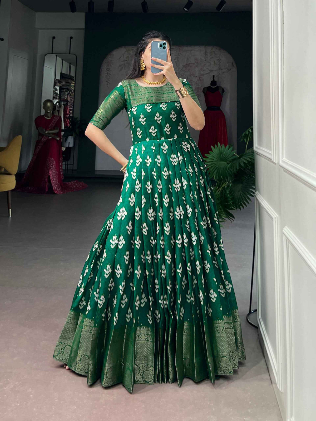 Green Pure Kota Chex Zari Weaving Work Long Anarkali Gown