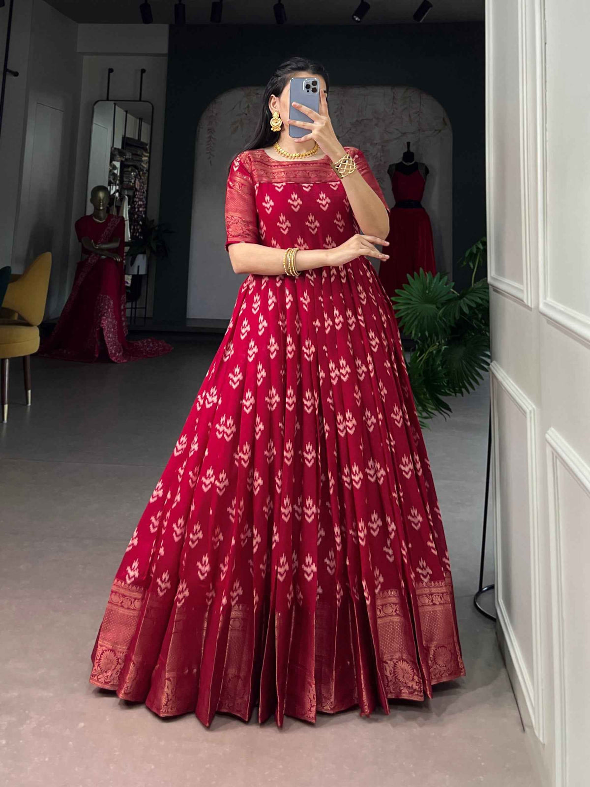 Red Pure Kota Chex Zari Weaving Work Long Anarkali Gown