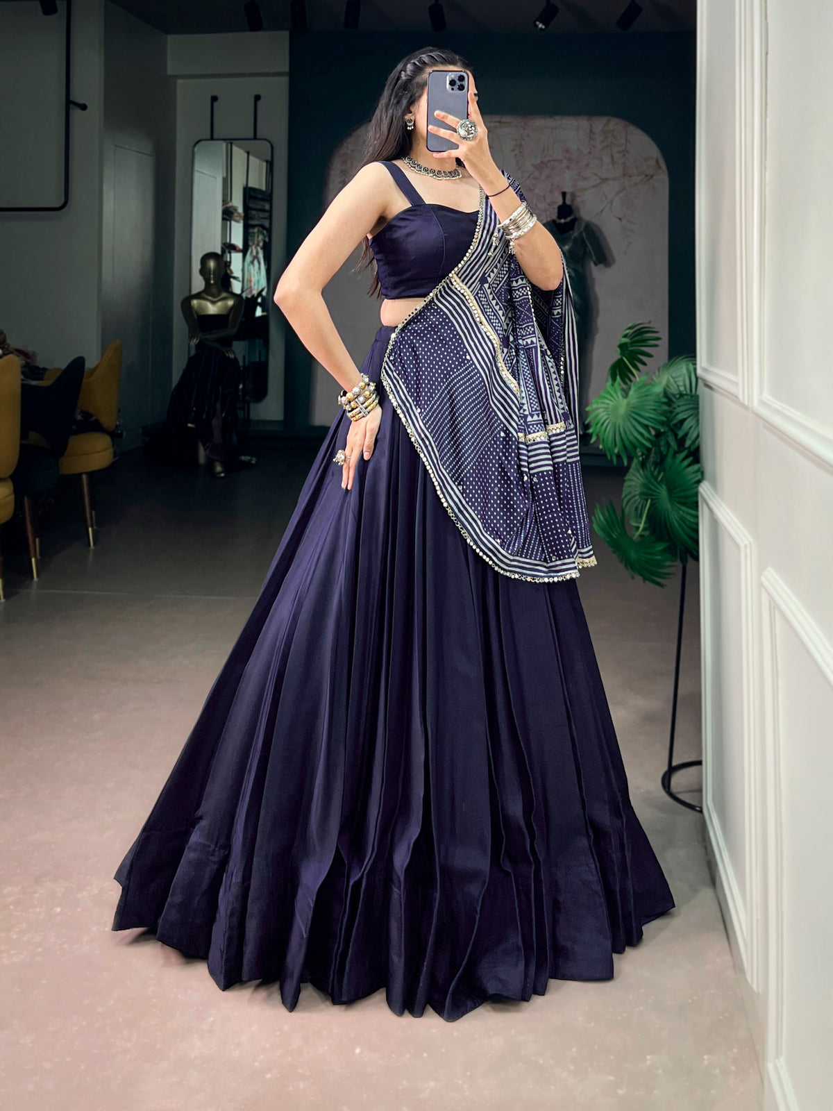 Navy Pure Moonga Silk Beautiful Printed Navratri Lehenga Choli