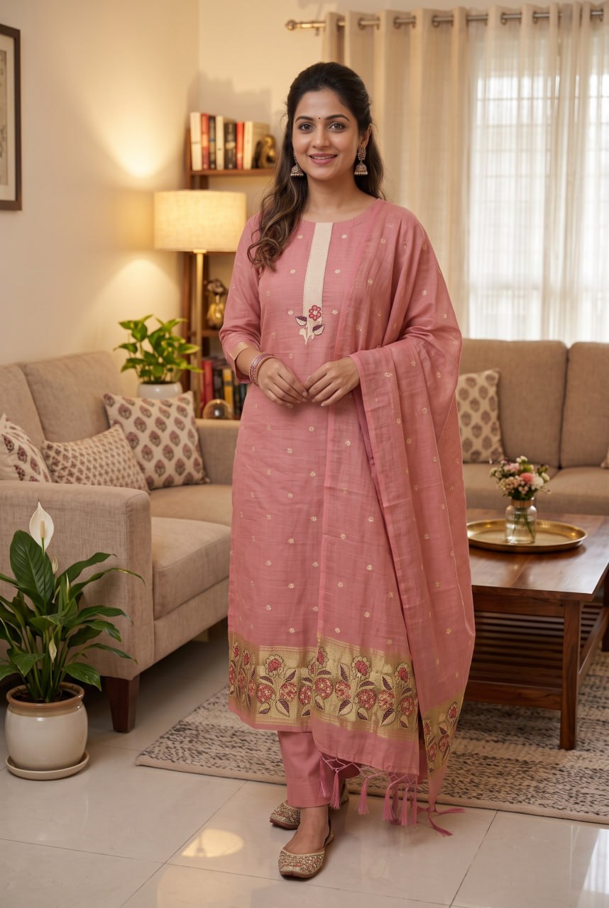 Pink Pure Muga Cotton 3 PC Jamdani Lagdi Patta Weaving Salwar Suit