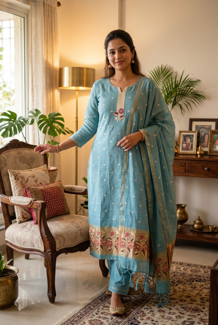 Sky Pure Muga Cotton 3 PC Jamdani Lagdi Patta Weaving Salwar Suit