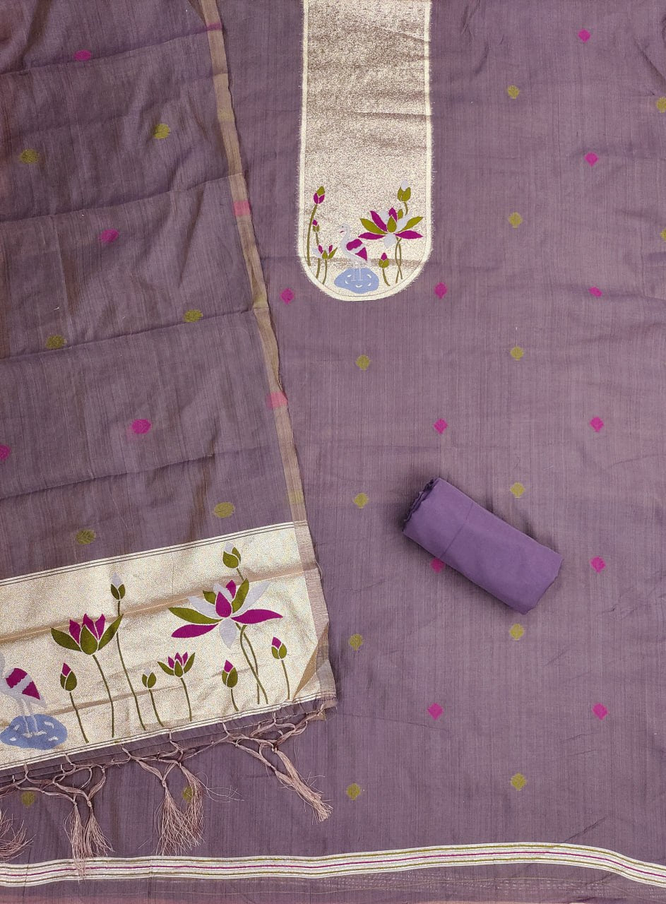 Mauve Pure Muga Cotton 3 PC Jamdani Lagdi Patta Weaving Salwar Suit