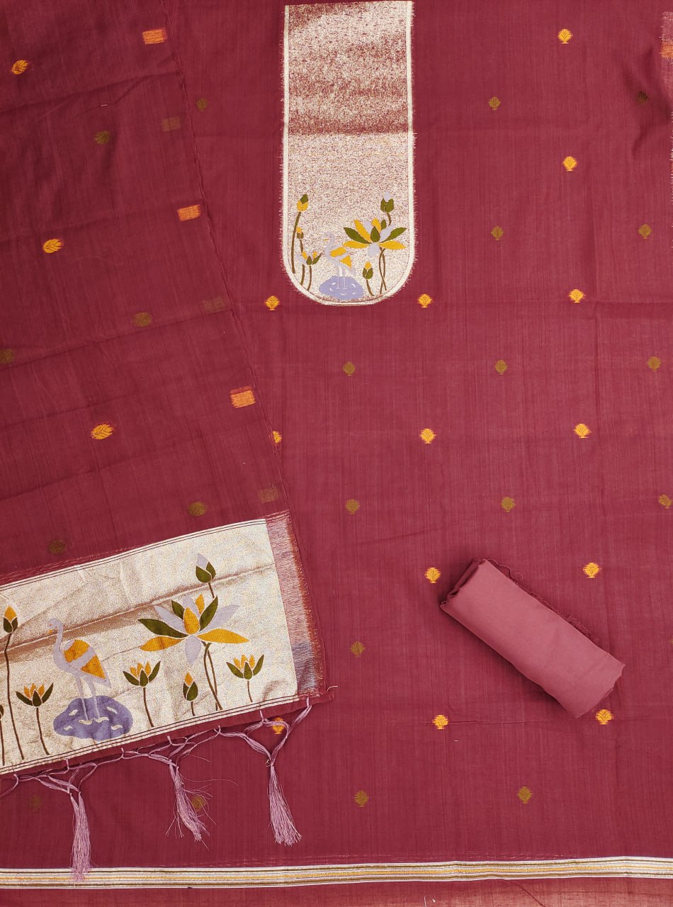 Red Pure Muga Cotton 3 PC Jamdani Lagdi Patta Weaving Salwar Suit