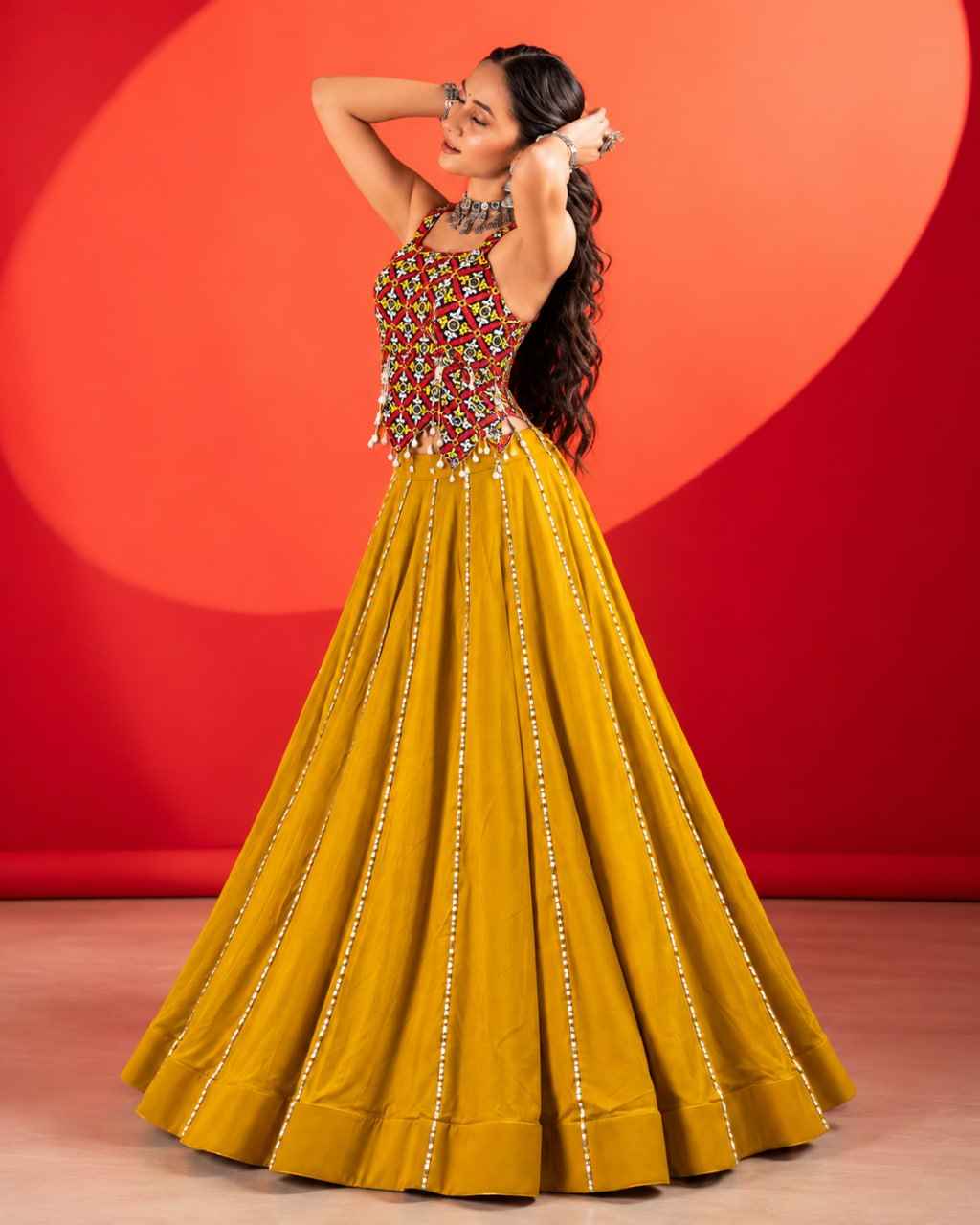 Mustard Pure Rayon Cotton Plain Gota Patti Kali Work Navratri Lehenga Choli