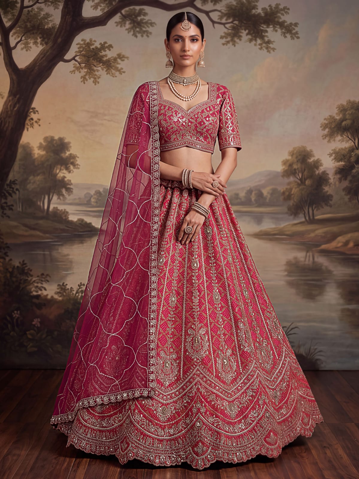 Rani Pink Pure Banarasi Silk Khatali Heavy Diamond Motif Crystal Beads Sequins Work Bridal Lehenga Choli