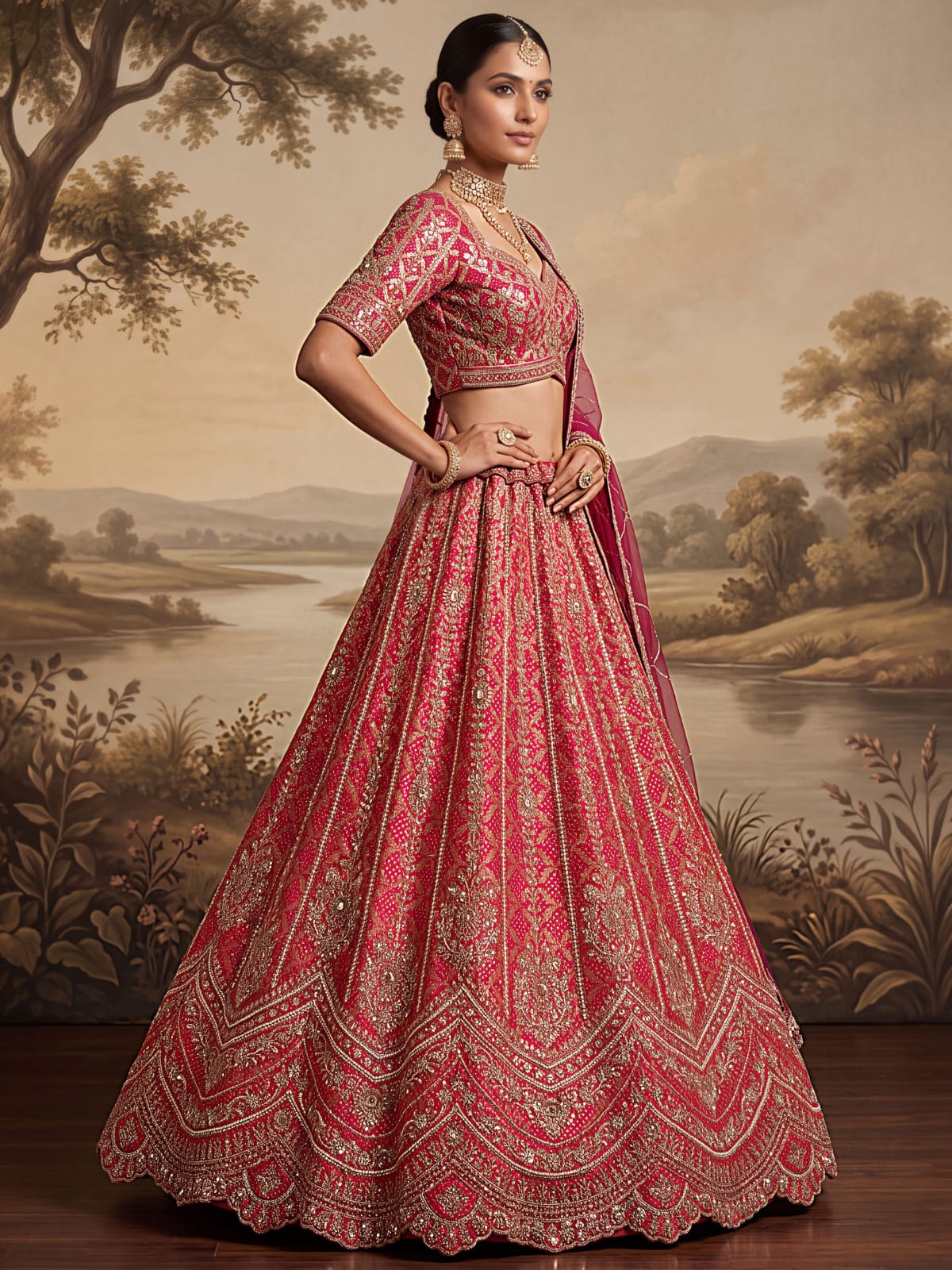 Rani Pink Pure Banarasi Silk Khatali Heavy Diamond Motif Crystal Beads Sequins Work Bridal Lehenga Choli