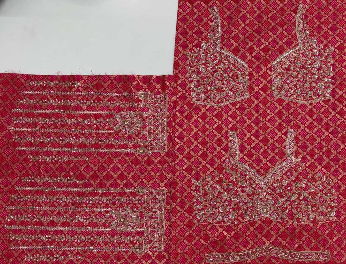 Rani Pink Pure Banarasi Silk Khatali Heavy Diamond Motif Crystal Beads Sequins Work Bridal Lehenga Choli