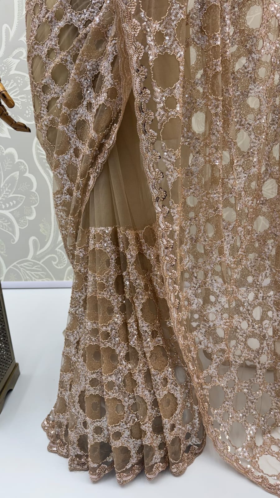 Beige Pure Premium Net Handwork Kasti & Motif Zari Metallic Sequins Work Wedding Saree
