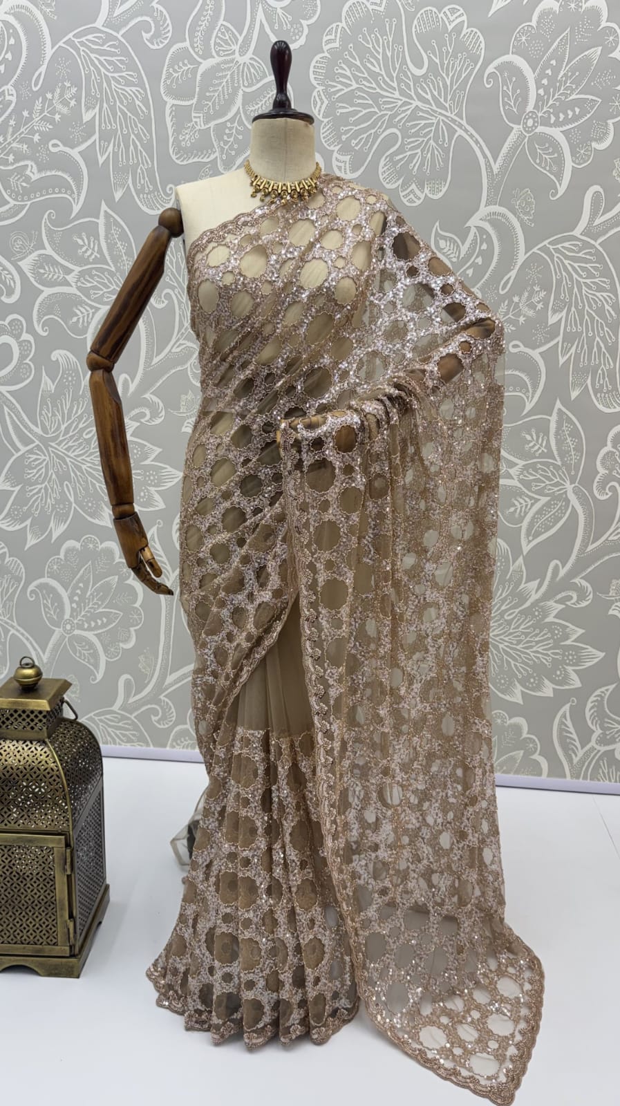 Beige Pure Premium Net Handwork Kasti & Motif Zari Metallic Sequins Work Wedding Saree